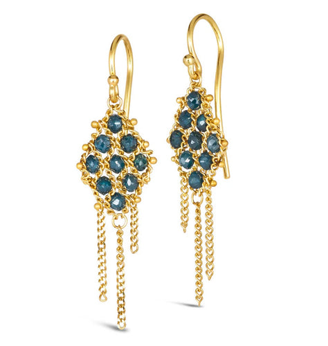 Small Blue Diamond Textile Tassel Earrings