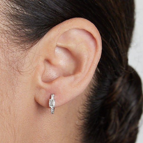 Emerald Cut Diamond Center Huggie Earrings Image 2