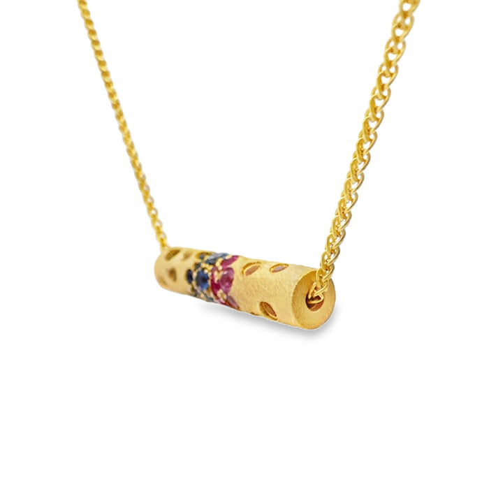 Rainbow Sapphire,Ruby,Tsavorite Cylinder Pendant Necklace