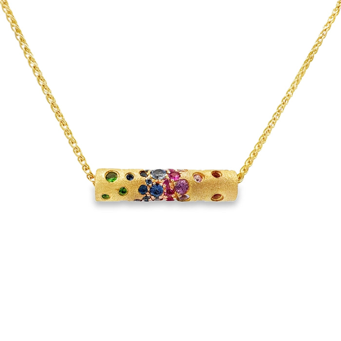 Rainbow Sapphire,Ruby,Tsavorite Cylinder Pendant Necklace